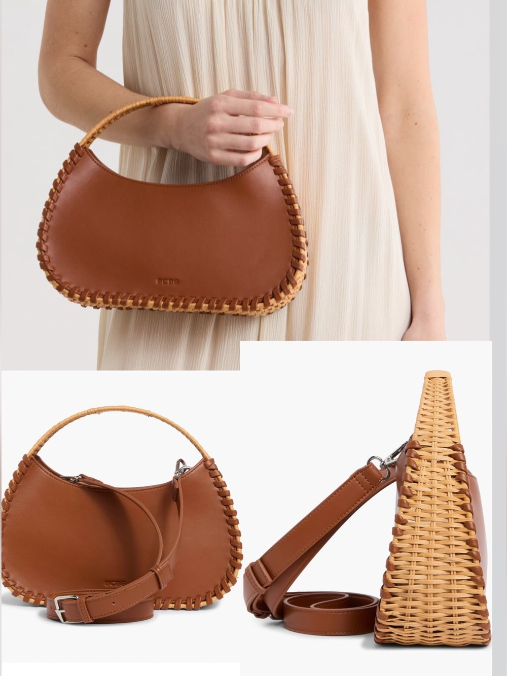 BCBG Cognac Faux Leather & Woven Rattan Crescent Crossbody Bag New